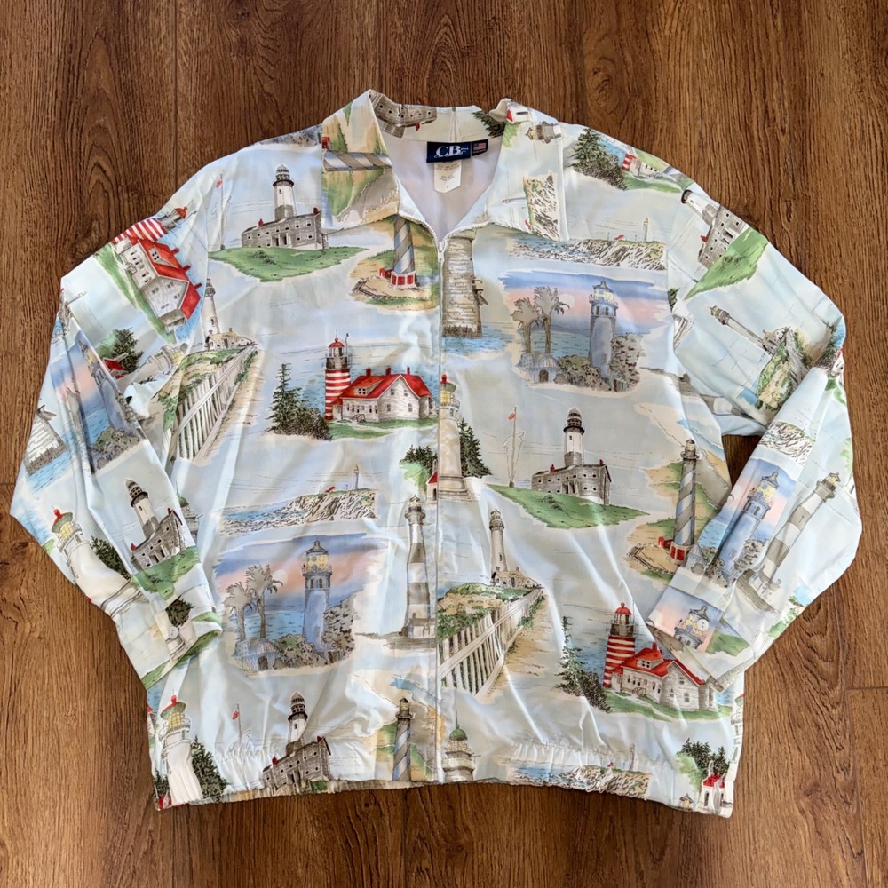 Vintage Lighthouse AOP Jacket Womens 2X Nautical Windbreaker Boats USA 90s